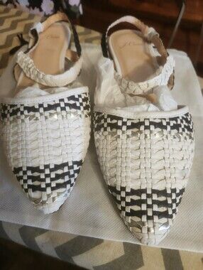 J. Crew White Black Silver Woven Leather Pointed Slingback Flats